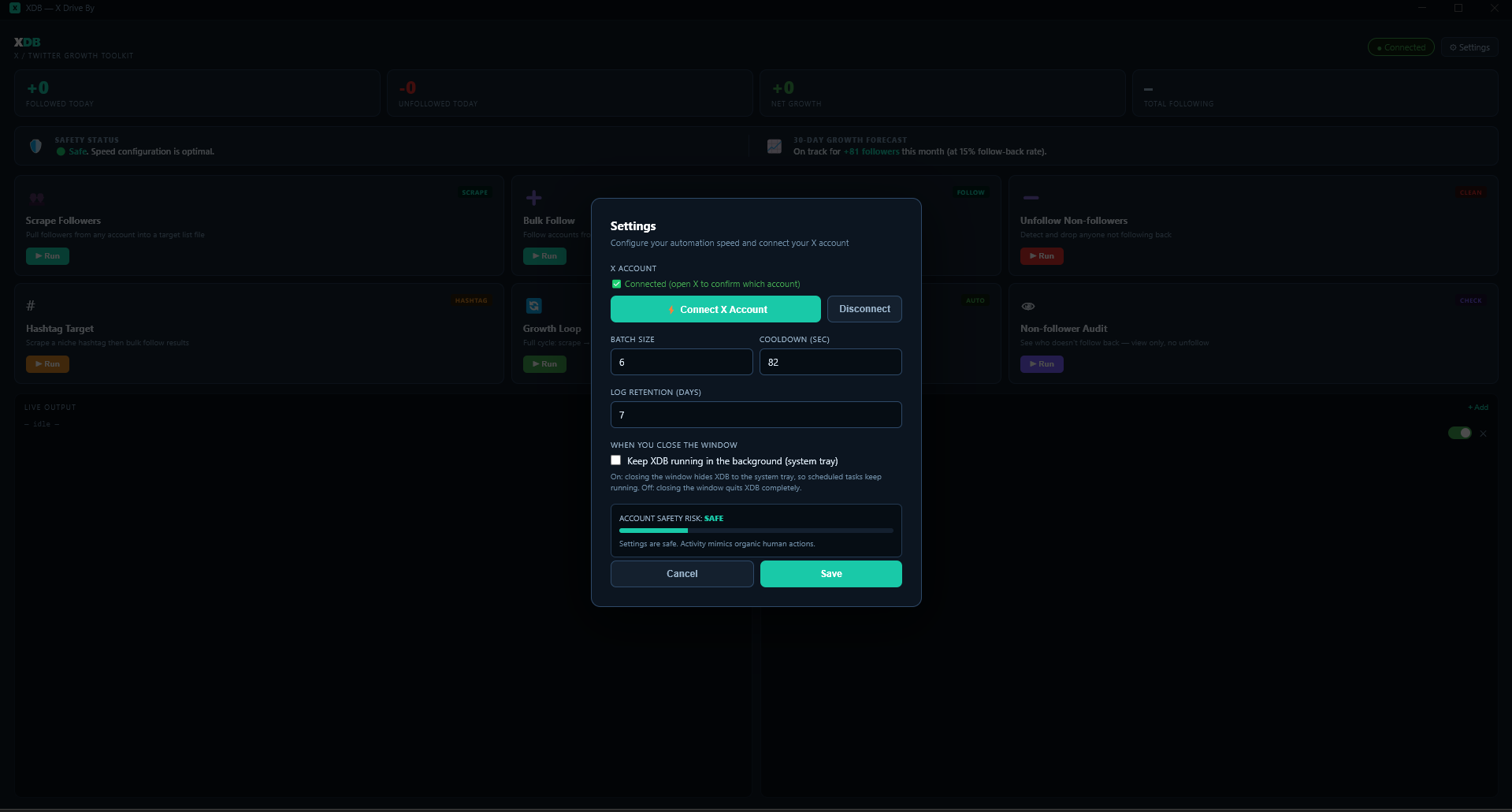 XDB settings panel showing batch size, cooldown, and account safety risk